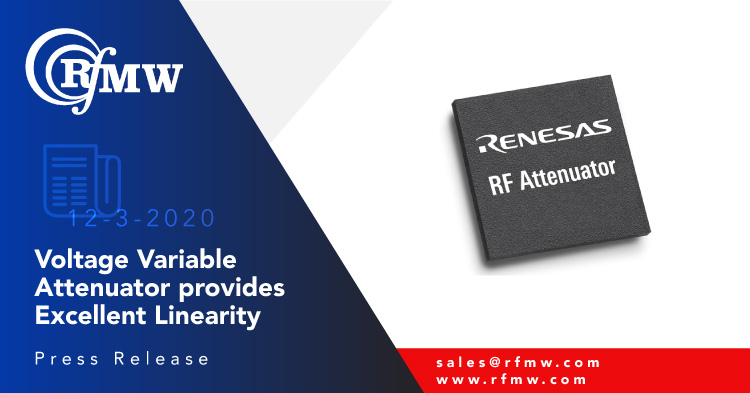Renesas F2251电压变量衰减器（VVA）占用50至6000 MHz的宽频量，33.6 DB衰减范围