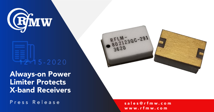 RFUW工程模型RFLM-802123QC-291限制器模块为X波段接收器提供高功率CW和峰值电源保护（8.7到10.7 GHz）。