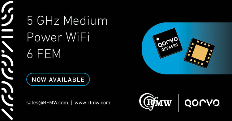 Qorvo QPF4550 Wi-Fi 6 (802.11ax)前端模块(FEM)提供了一个紧凑的外形因子与集成匹配