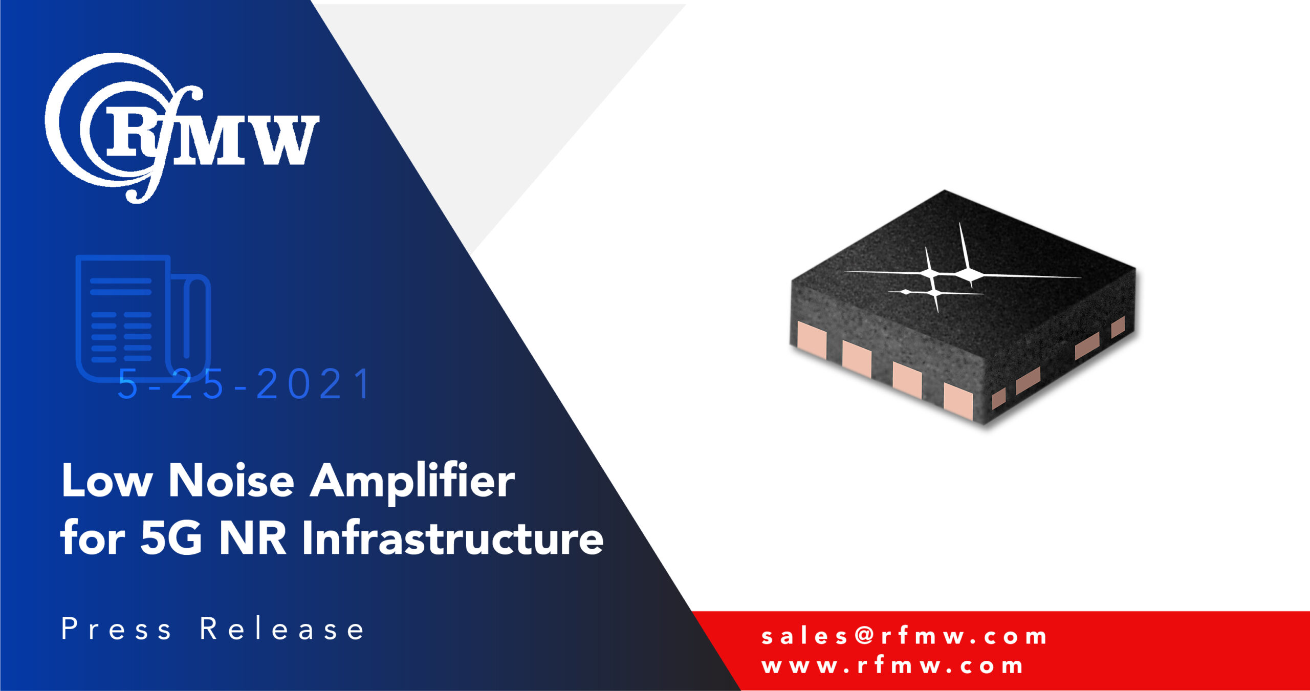 Skyworks Solutions SKY67181-396LF LNA在2.3 - 5.0 GHz的关键5G频段内具有22.5 dB的增益和0.5 dB的超低噪声性能