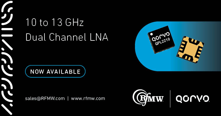 QPL2210，双通道，低噪声放大器覆盖10  -  13 GHz，具有16dB小信号增益和1.2 dB噪声系数