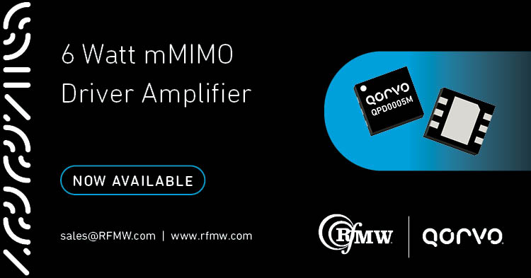 Qorvo QPD0005M GaN功率晶体管支持大规模MIMO Doherty配置的驱动放大器应用，从2.5 GHz到5 GHz。